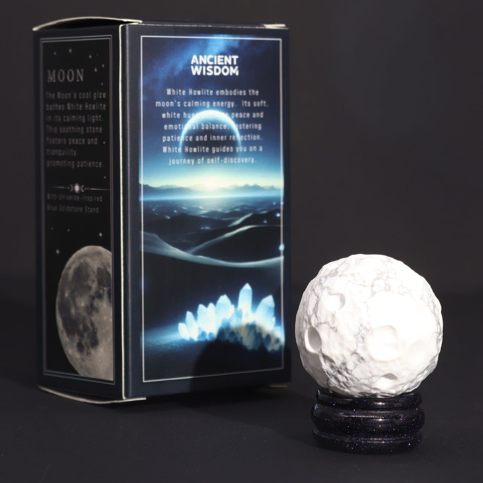 White howlite sphere on a goldstone stand