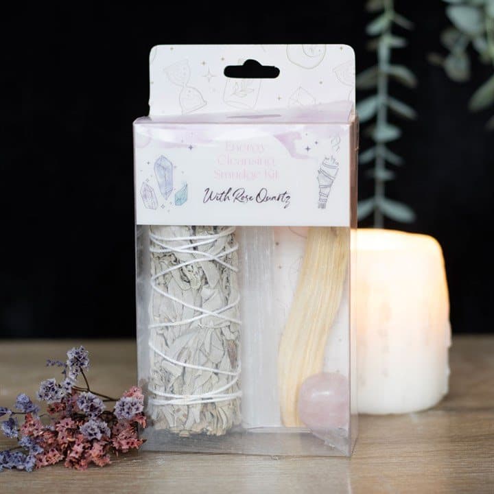 White sage kit with palo santo, selenite wand and rose quartz