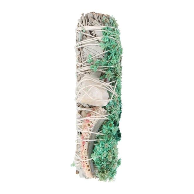 Hand-tied white sage wand with abalone shell, dried flowers and raw quartz