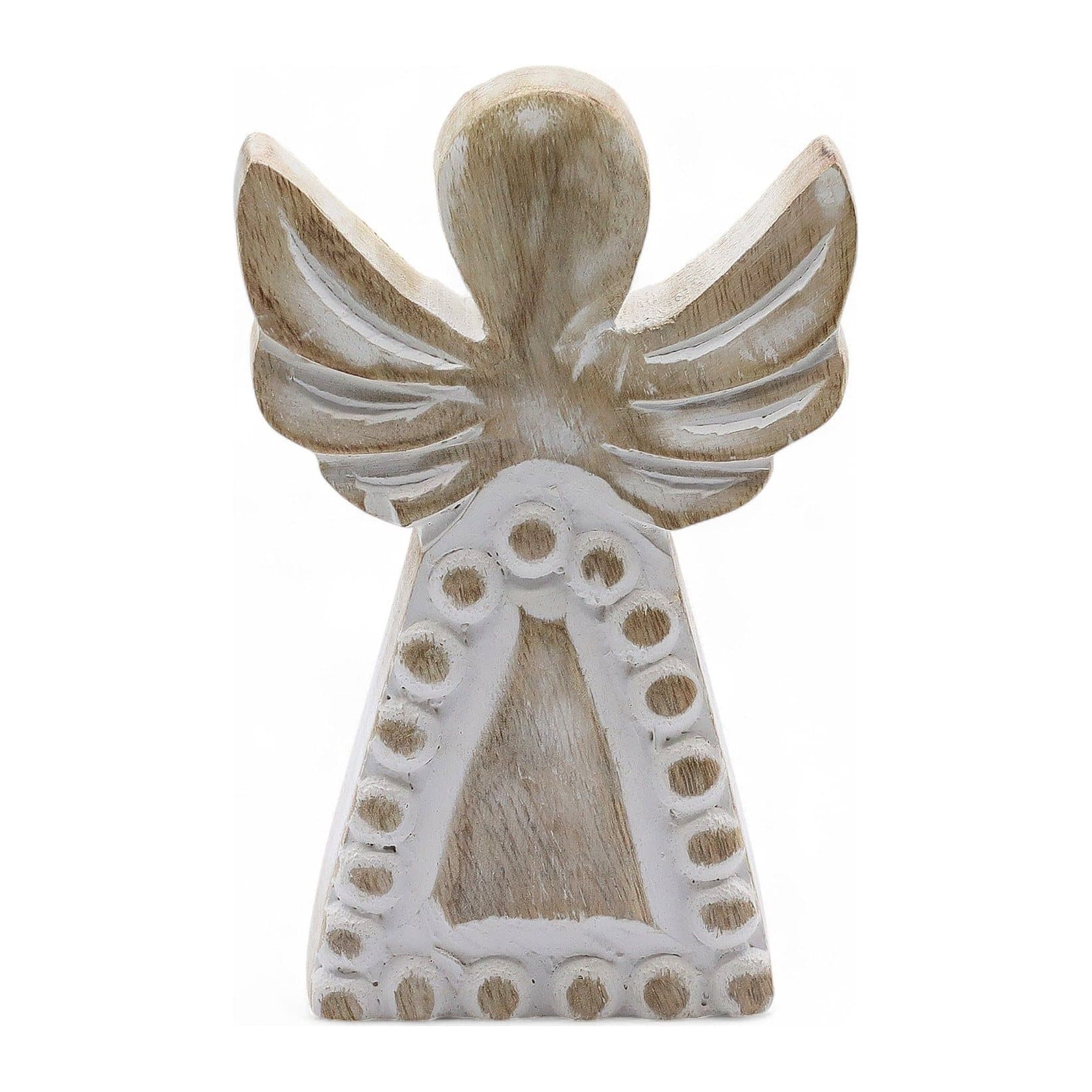 Hand-carved mango wood angel with a whitewash finish