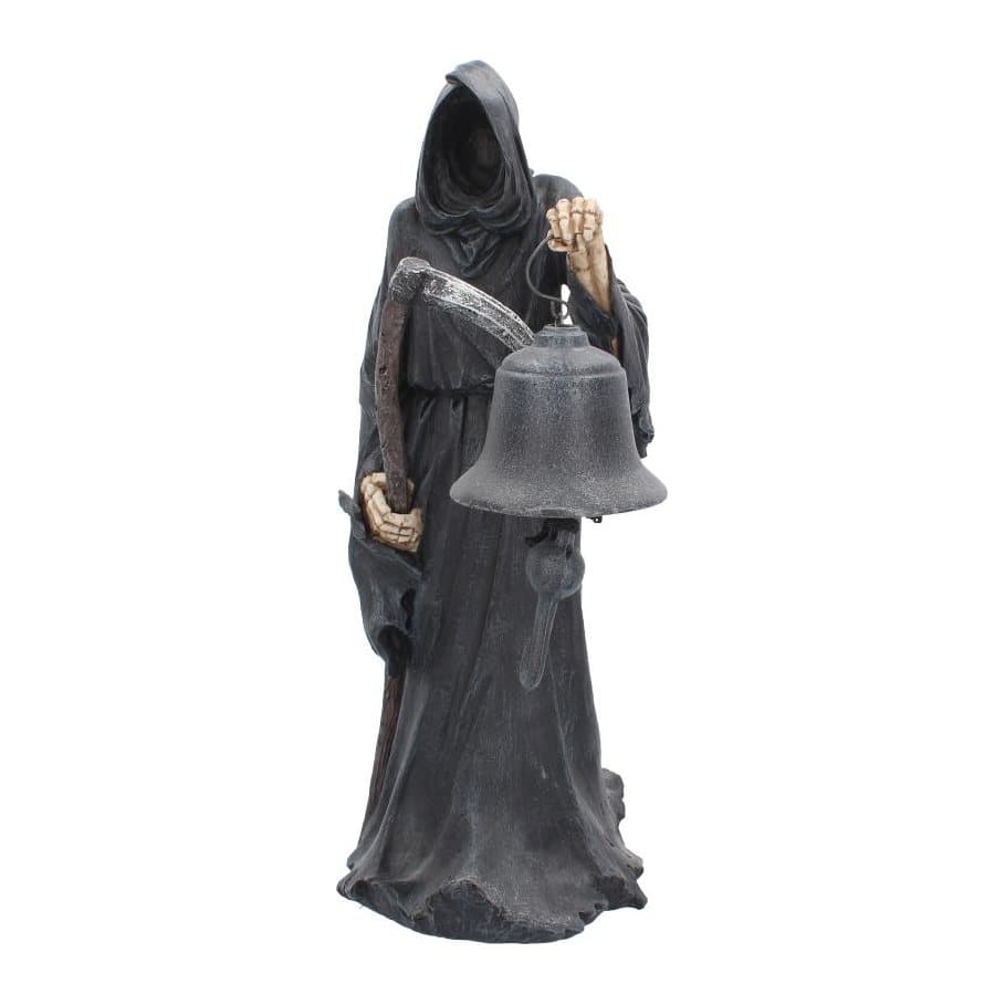 Black-cloaked Grim Reaper figurine holding a scythe and a large bell