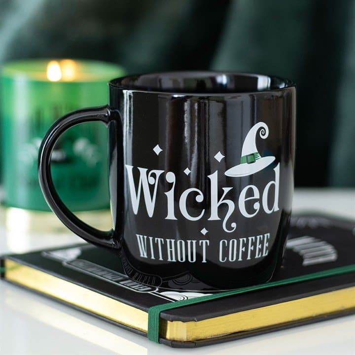 Ceramic mug with Wicked Without Coffee text and a witch hat design