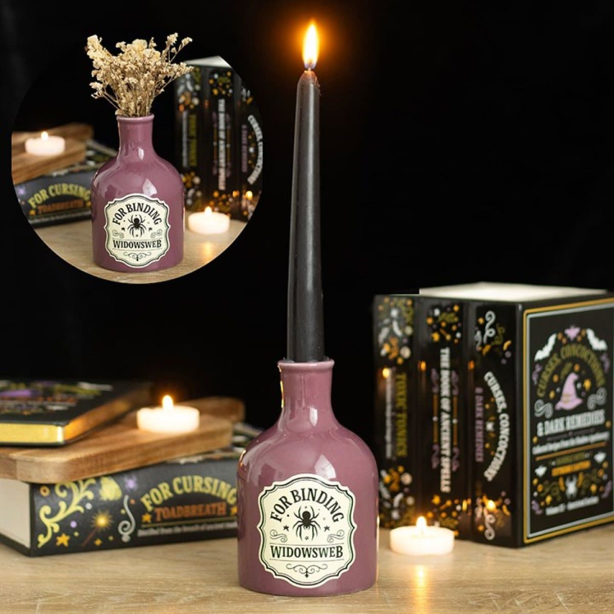 Mini ceramic potion bottle vase and taper candle holder with Widowsweb wording