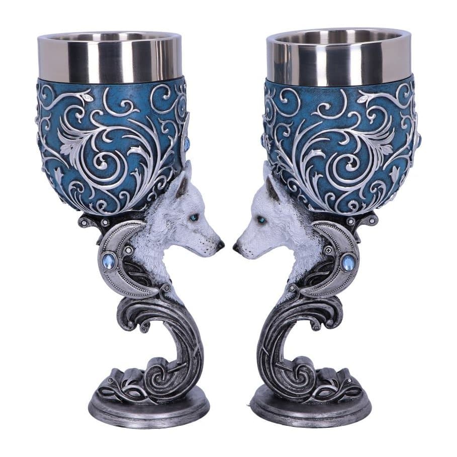 Pair of resin wolf goblets with silver detailing and a blue gemstone