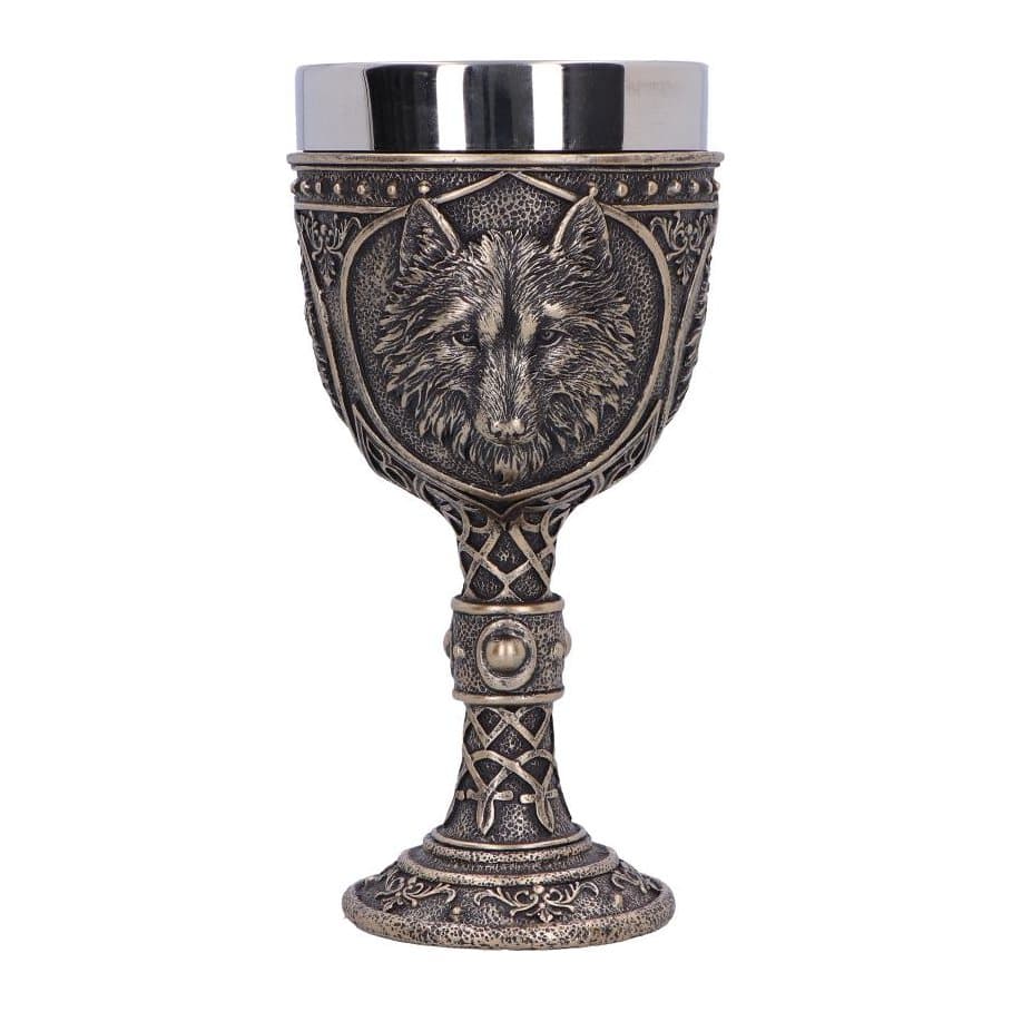 Bronze-coloured wolf chalice with wolf head crests and a yellow gem on the stem