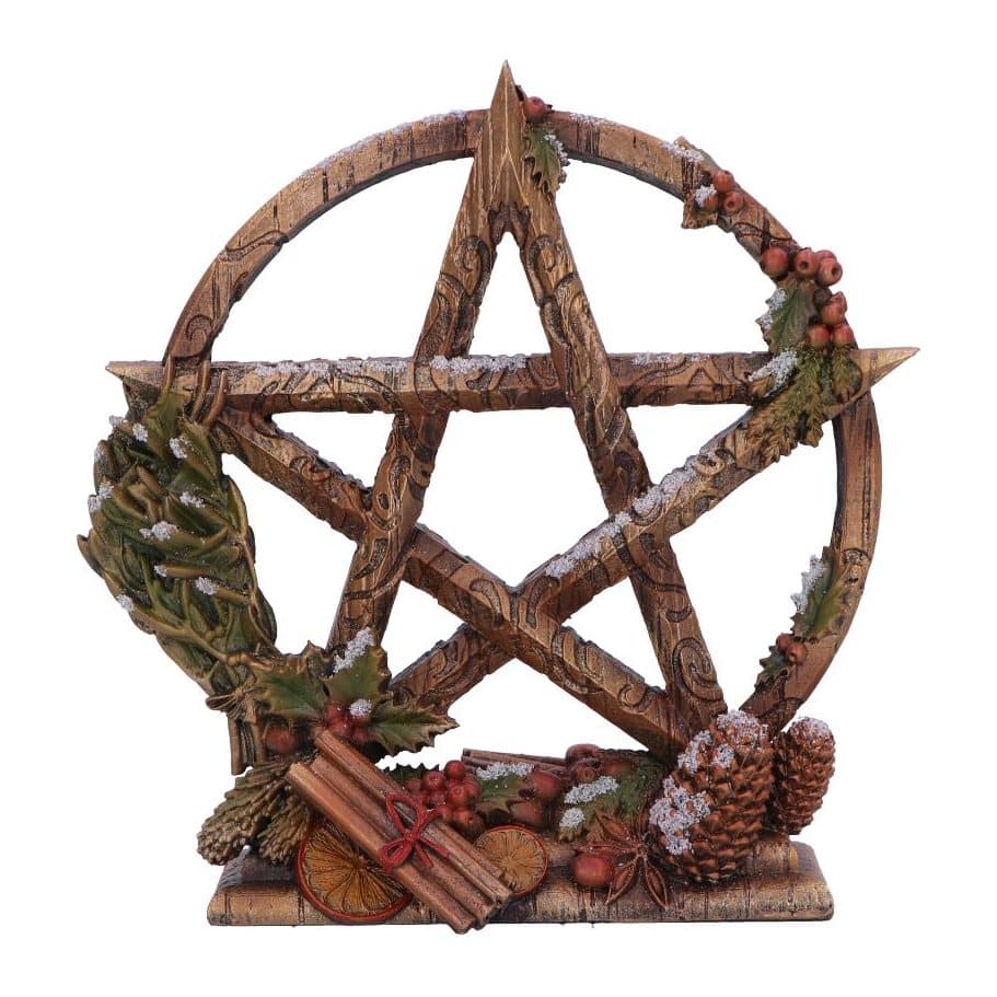 Pentagram ornament with pine cones, berries and cinnamon sticks on a wooden-look base