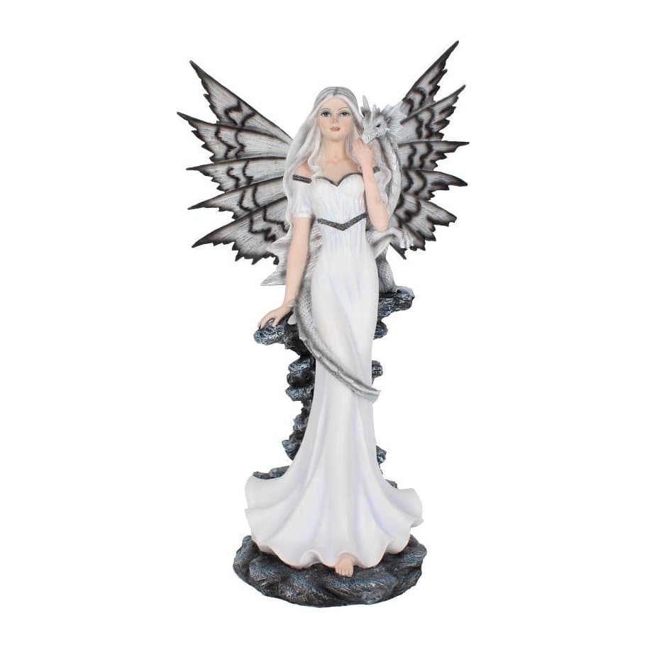 Pale winter fairy leaning on a rocky wall with a white and grey dragon