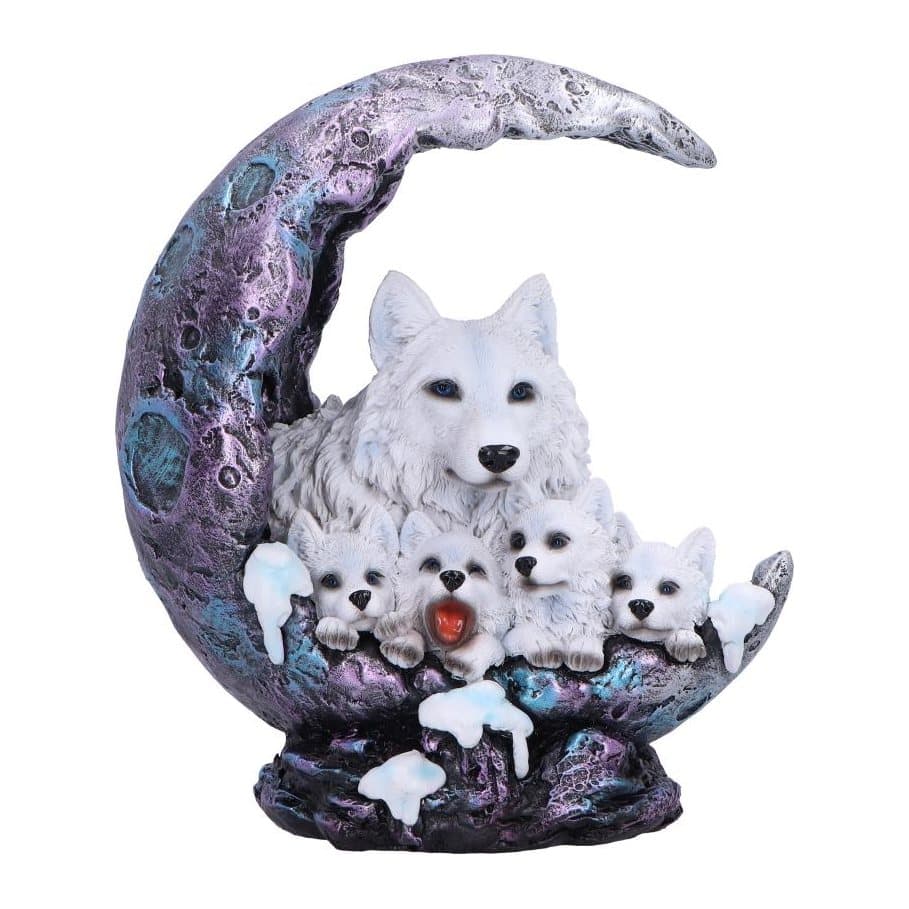 Resin ornament of four wolf pups in a crescent moon with an adult wolf