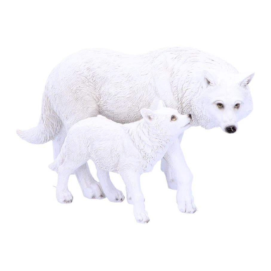 Resin mother wolf with a small white pup looking up at her