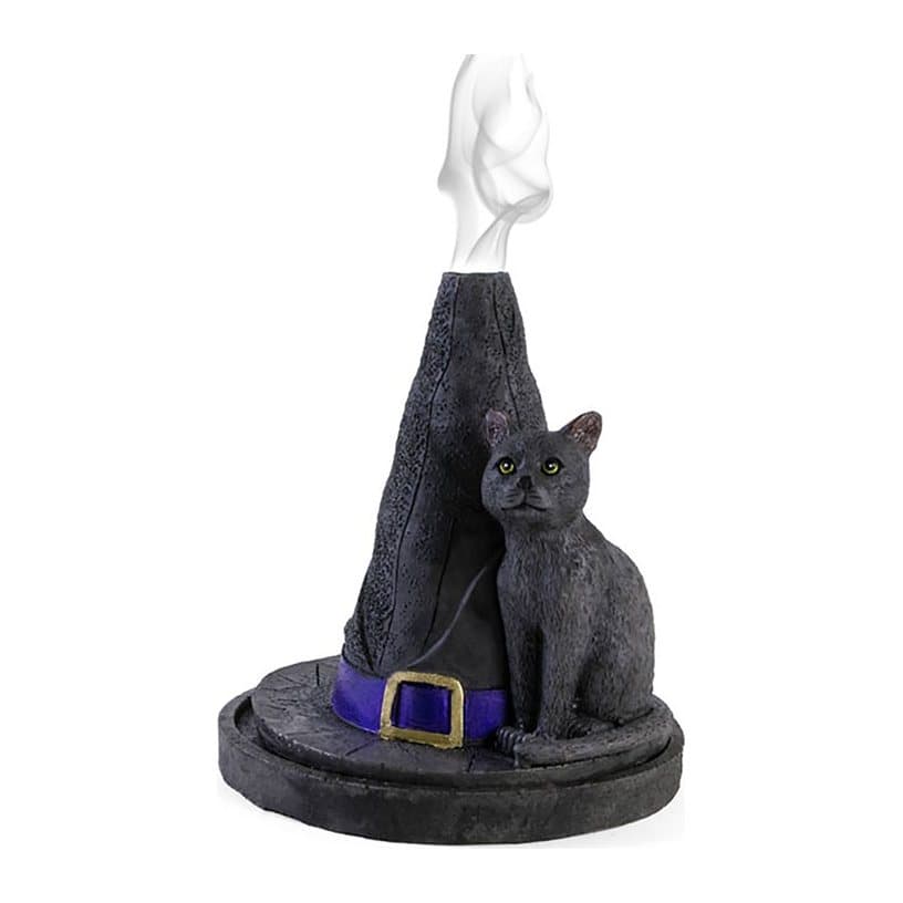 Witch hat incense cone burner with a cat design