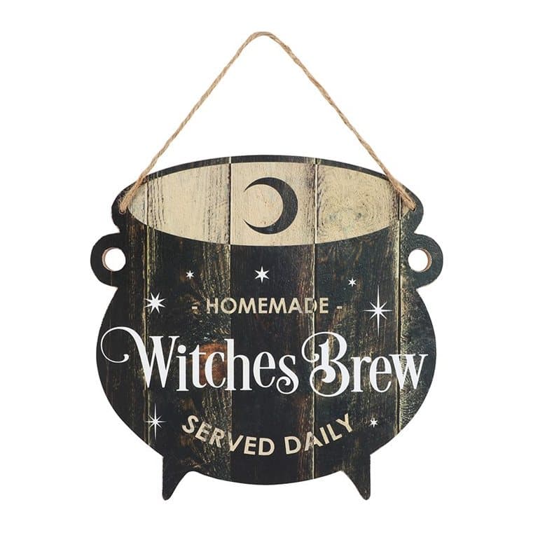 Cauldron-shaped MDF hanging sign reading Witches Brew