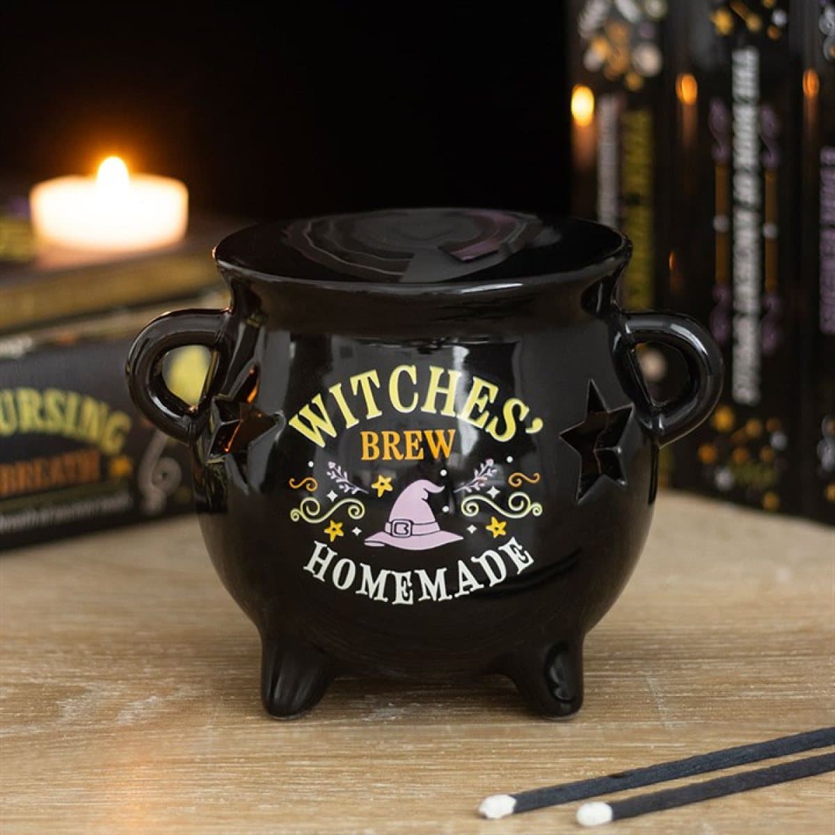 Ceramic cauldron oil burner with Witches Brew, Homemade wording