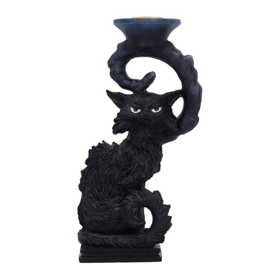 Scruffy resin Salem cat figure with a curly winding tealight holder behind him