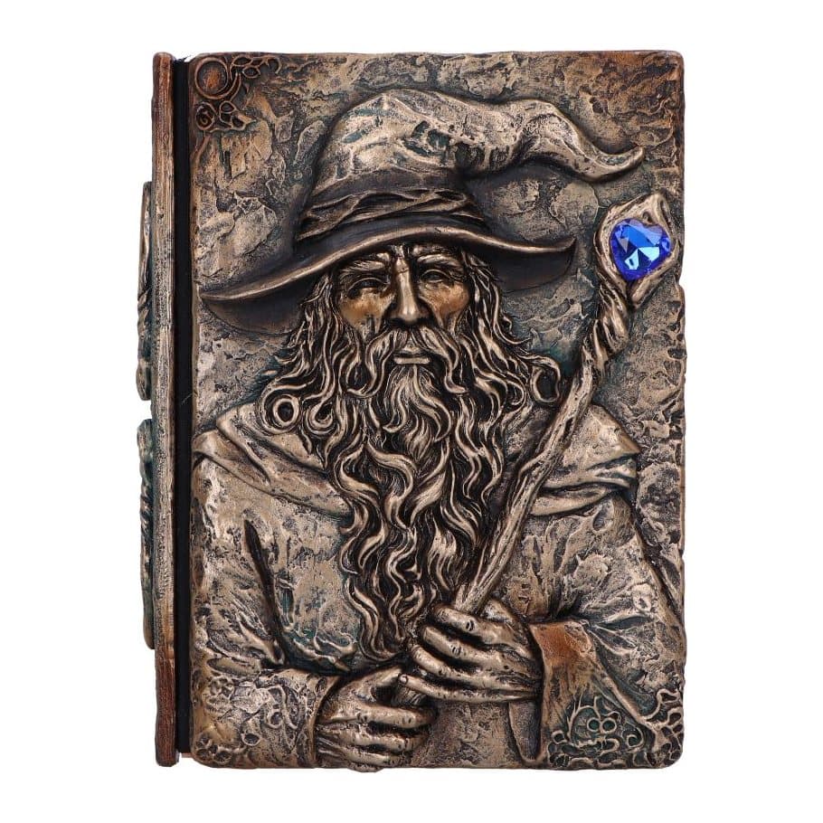 Grimoire journal with a resin wizard holding a staff topped with a blue gem