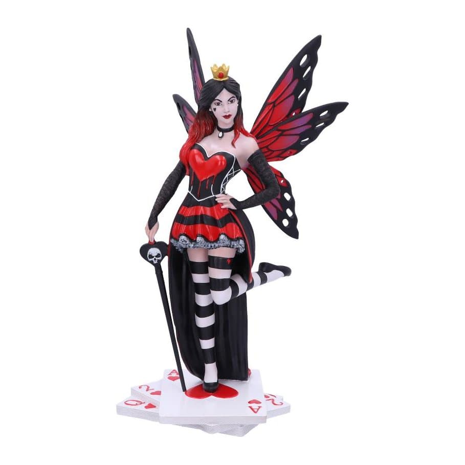 Queen of Hearts fairy figurine on a deck of cards with a skull sceptre