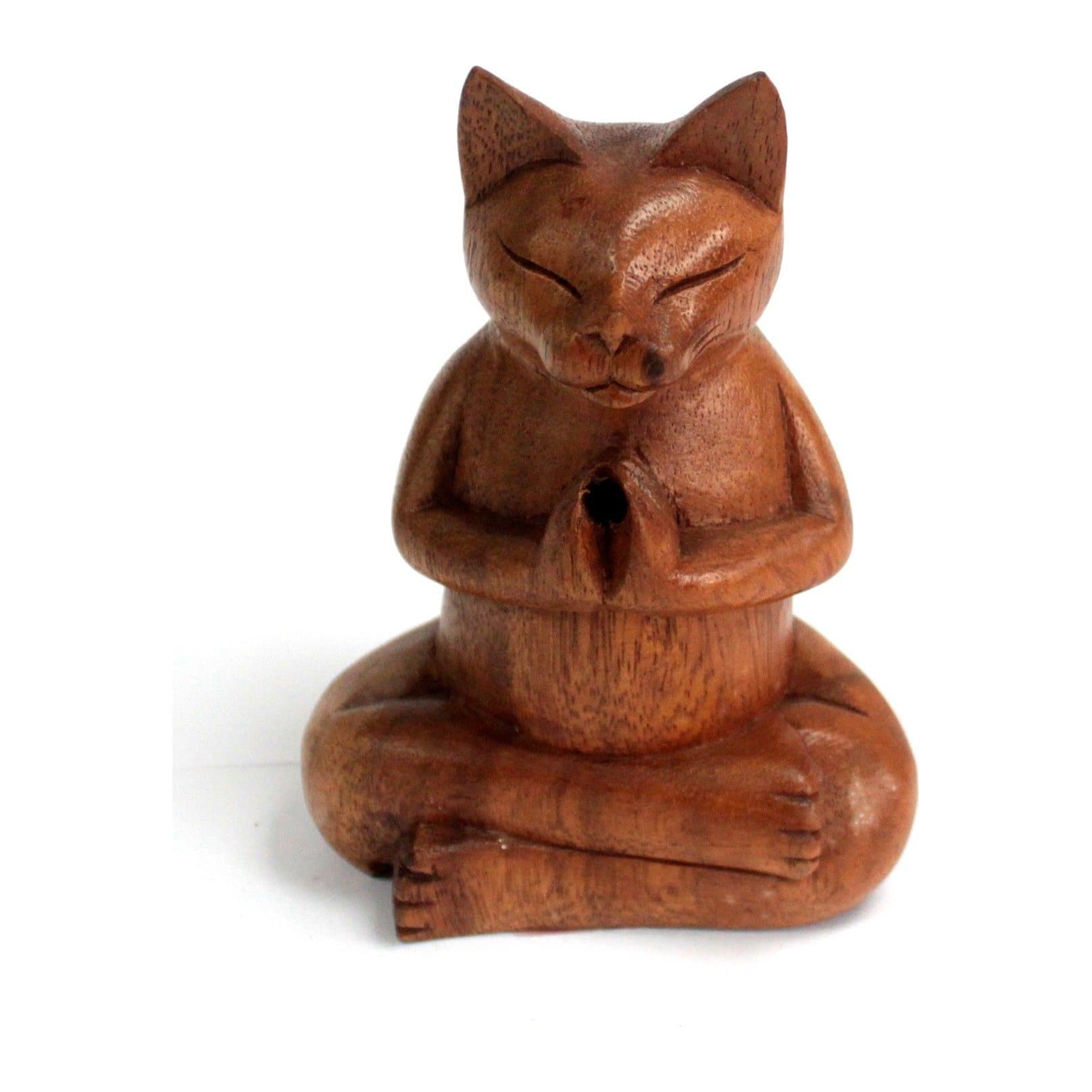 Wooden carved yoga cat incense burner