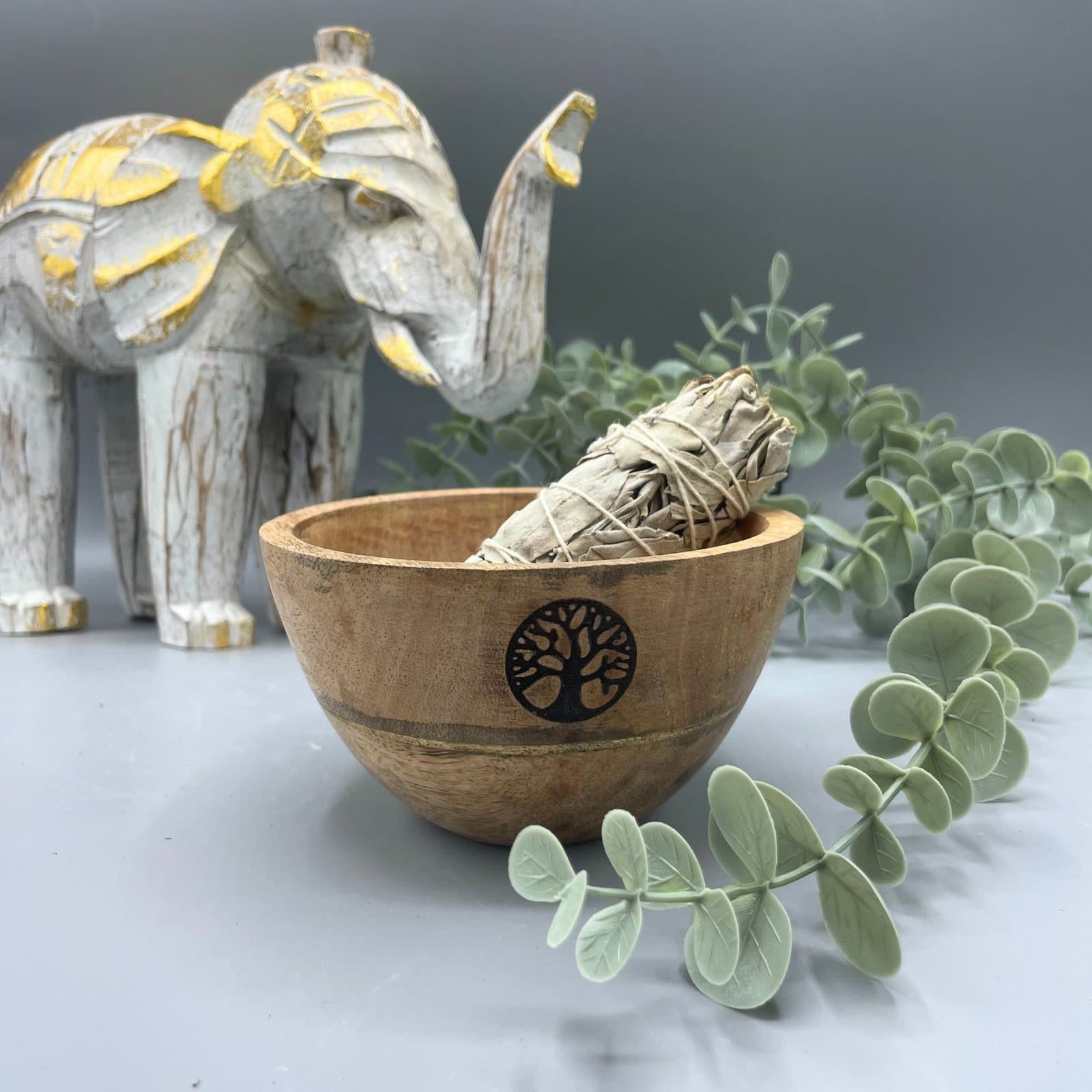 Mango wood ritual offerings bowl with a Tree of Life design