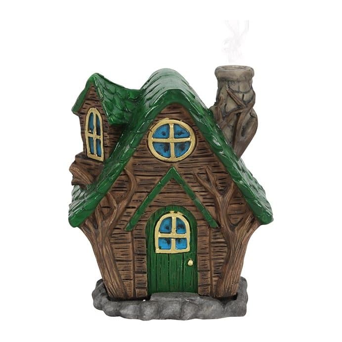 Little house shaped incense cone burner with a tiny fairy chimney