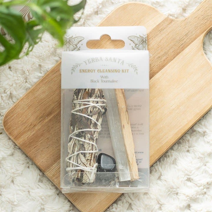 Ritual kit with sage bundle, palo santo, selenite wand and crystal