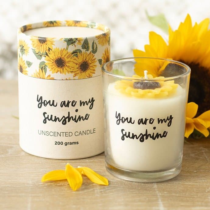 You Are My Sunshine candle with a 3D wax sunflower in a glass holder