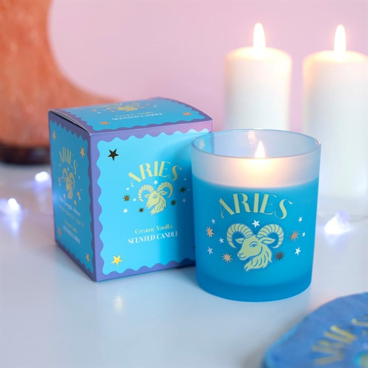 Colourful Aries zodiac candle in creamy vanilla
