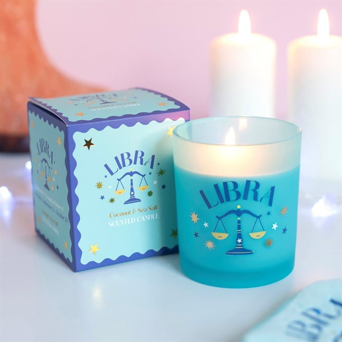 Zodiac Zest Libra coconut and sea salt candle in a colour cardboard box