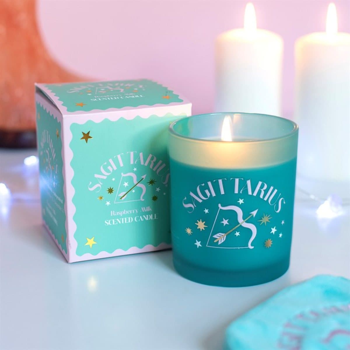 Colourful Sagittarius zodiac candle in a colour cardboard box