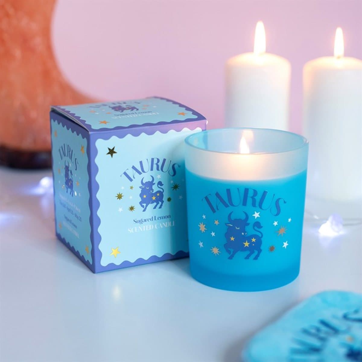 Taurus sugared lemon zodiac candle in a colour cardboard box