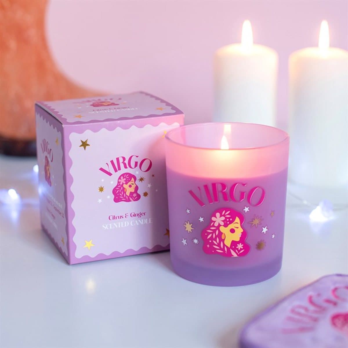 Virgo zodiac candle with a colourful star sign design